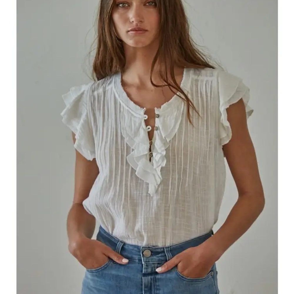 By Together Cream Ruffled Tie Front Blouse